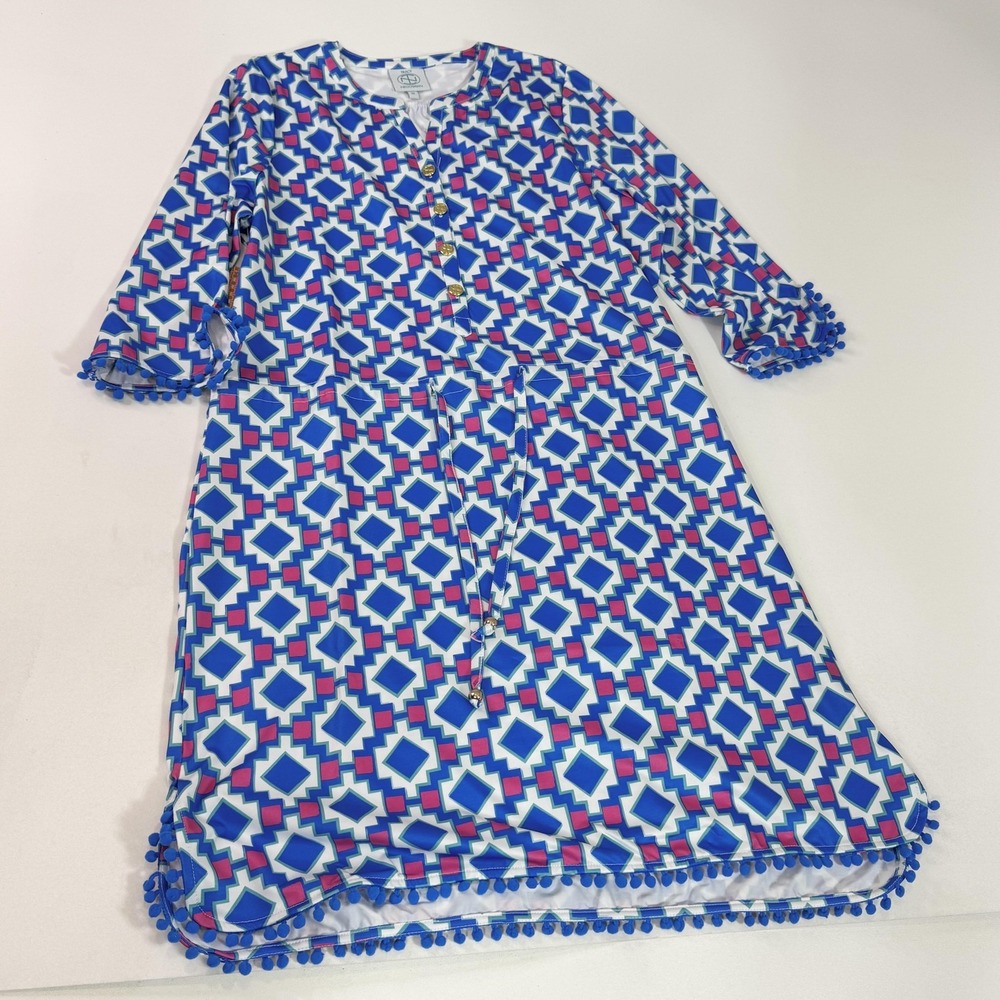 Tracy Negoshian Dress Womens Medium Blue Pink Geometric Tassel Pom Pom Boho Mod
